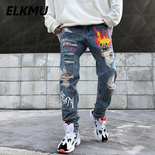 

elkmu skinny jeans men streetwear destroyed ripped jeans hole hip hop fire letter graffiti print pencil denim pants male he195, Blue