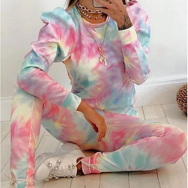 

laamei women casual tie dye tracksuit home two piece set lounge wear sweatshirts suit loose outfits ropa mujer autumn clothes, Gray