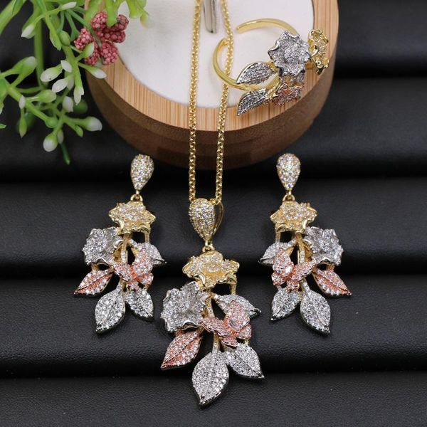 

lanyika jewelry set luxury exquisite flower with leaf micro plated necklace with earrings and ring for engagement trendy gift, Silver