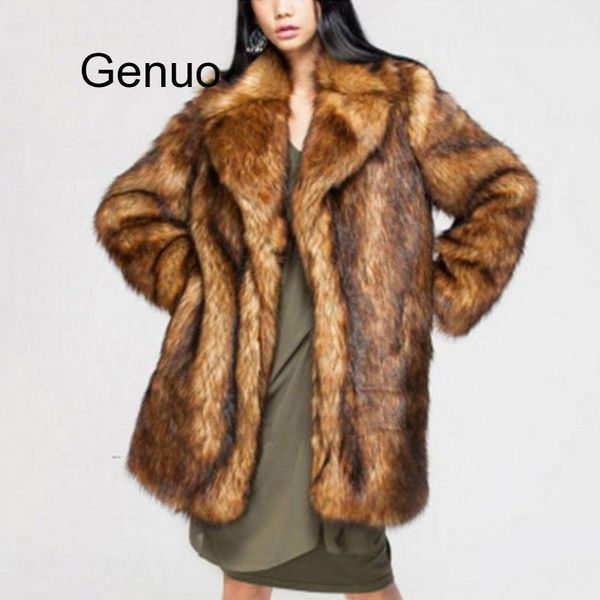 

s-6xl faux fur long coat woman brown oversized thicken jacket female turndown collar winter fake fur outwear1, Black