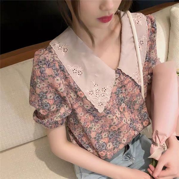 

2021 new puff sleeve floral blouse sweet doll coller women short summer 2021 new korean casual chiffon clothes ladies spring 73ho, White