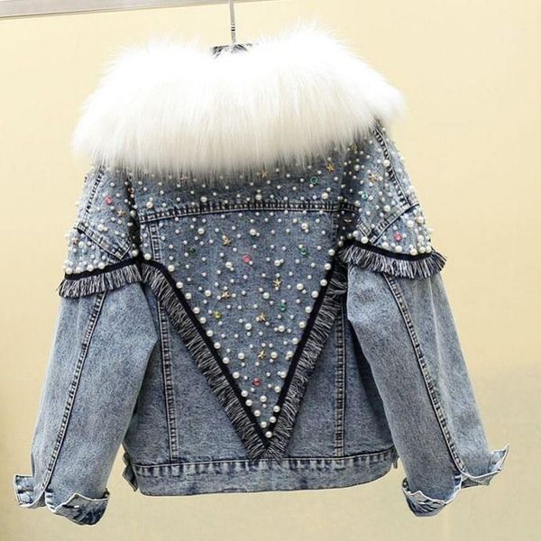 

short winter jackets for women 2020 new pearls rivet denim jackets womens casual loose jeans coats parka female warm denim coats1, Black