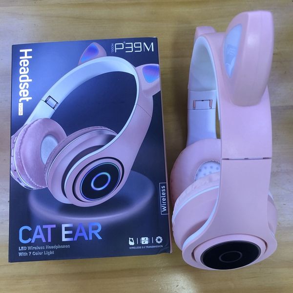 Orelha Cat Hot LED Wireless Headphones P39M Bluetooth bonito 5.0 Headphone Apoio TF Com pacote de varejo