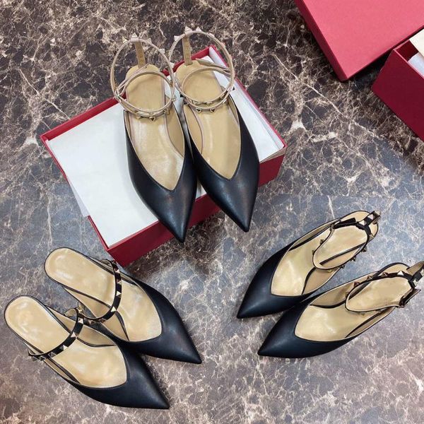 

2021 new brand women's shoes pointed toe sandals for woman genuine leather low heels shoes rivets sandals high quality, Black