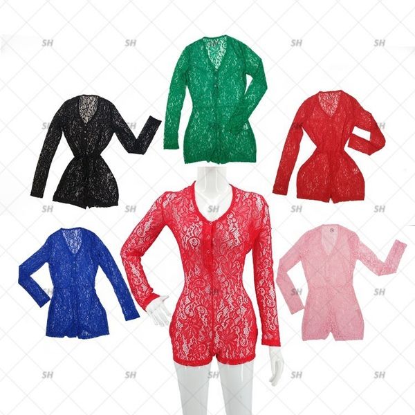 

2021 deep v-neck lace hollowed out long sleeve button one-piece shorts, Black;white