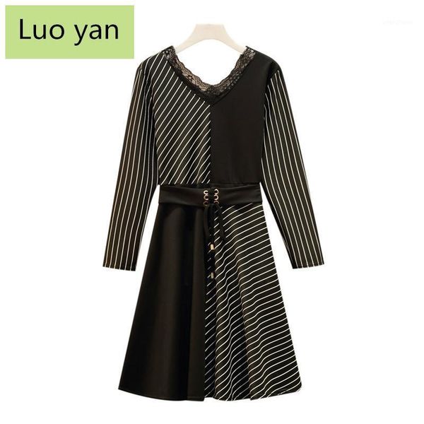 

plus size women elegant dress new fashion lace v-neck long sleeve striped patchwork ladies loose tunic dresses vestidos1, Black;gray