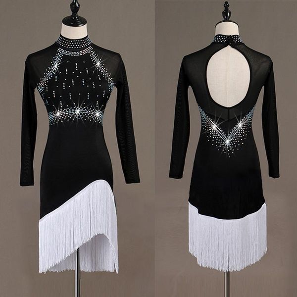 

black latin dance dress women white fringe long sleeve dress party singer dancer professional competitive latin vdb115, Black;red