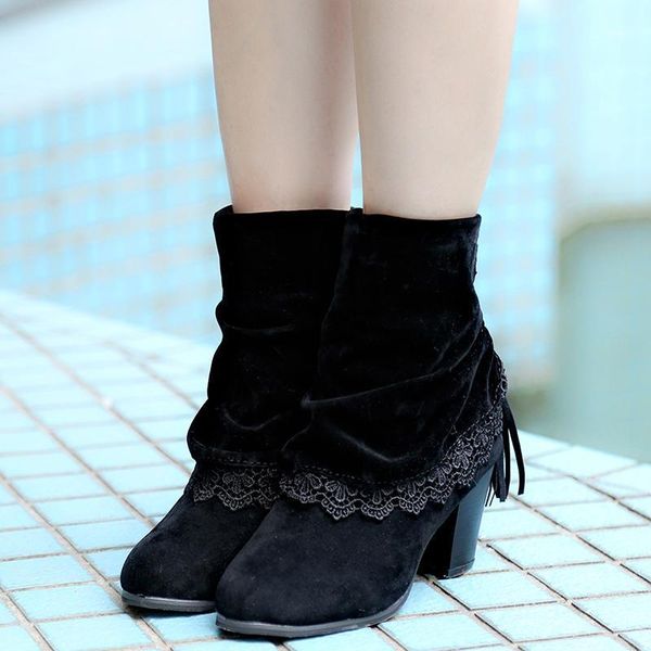 

2021 spring woman platform boots woman shoes high heel rubber boots lace tassle shoes autumn winter female footwear1, Black