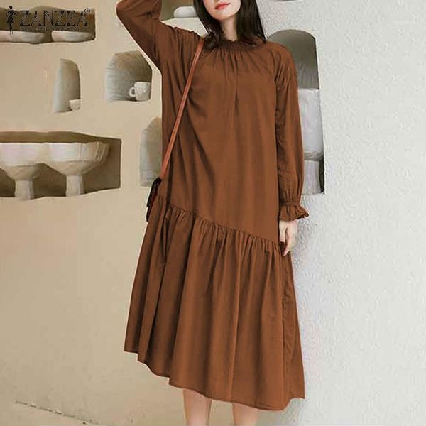 

2020 women's mid-calf dresses zanzea ladies retro vestidos casual long sleeve sundress oversized spring autumn solid robe femme1, Black;gray