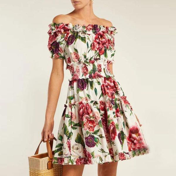 

2020 new summer off shoulder beach party dresses women's charming rose flower print ruffles elastic waist short dress vestidos, Black;gray