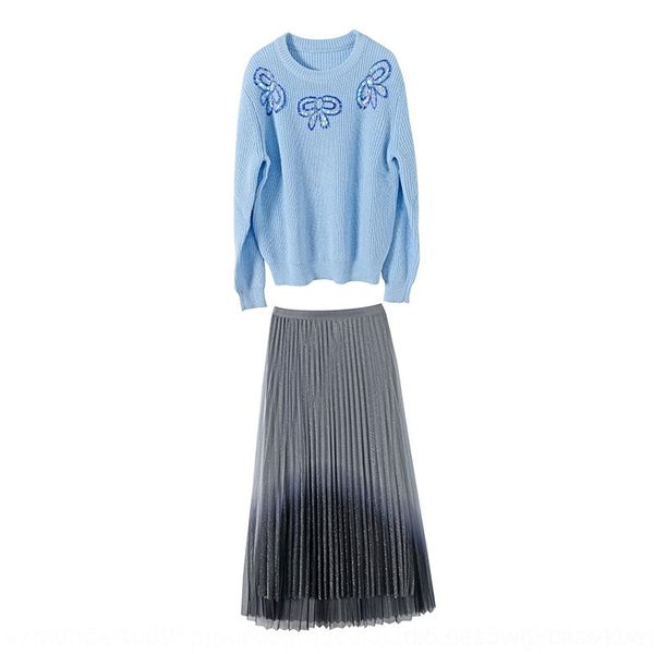 

kpbca neon miniskirtstyle age-reducing suit wool beads sweater mesh pleated mini two-piece suit western over miniskirtshort skirt 208017 fas, Gray