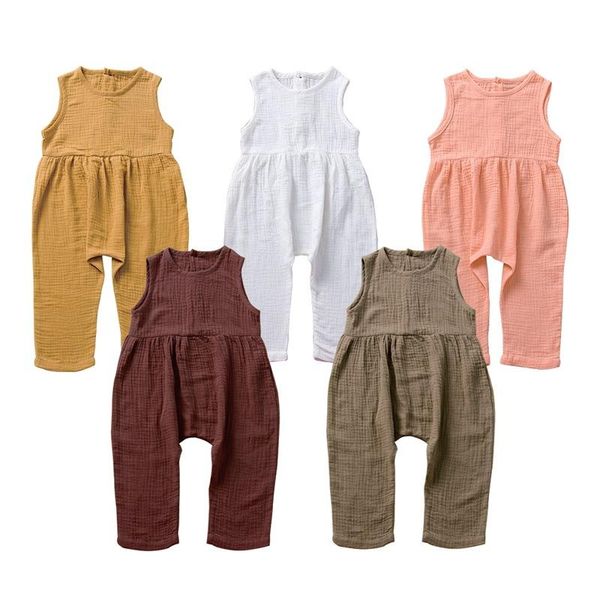 

jumpsuits 2021 summer solid rompers born infant baby girl boy outfit linen cotton romper jumpsuit kids sleevless casual clothes set, Blue