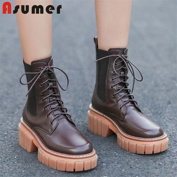 

boots asumer 2021 thick bottom women's motorcycle genuine leather casual shoes fashion punk ankle woman black