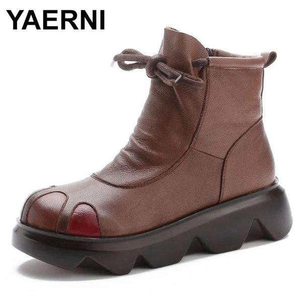 

boots yaerni handmade retro women snow winter warm wedge ankle genuine leather platform shoes botas mujer, Black