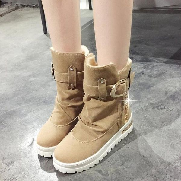 

boots 2021 autumn winter ladies middle snow with round head muffin bottom leather thin fashion rubber women's, Black