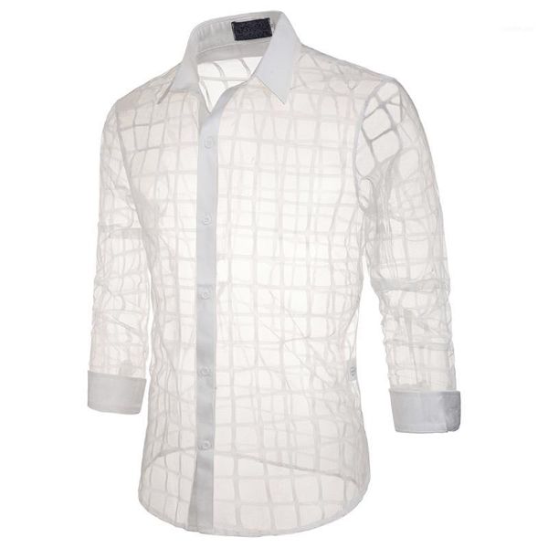 

heflashor men's autumn shirt stage slim fashion plaid transparent lapel shirt casual transparent men's long sleeve new1, White;black