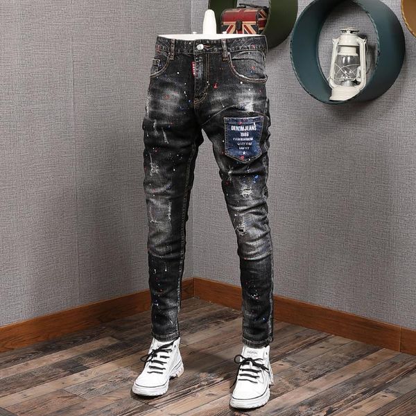 

newly designer fashion men jeans italian vintage painted retro ripped denim pants streetwear elastic slim fit hip hop trousers, Blue