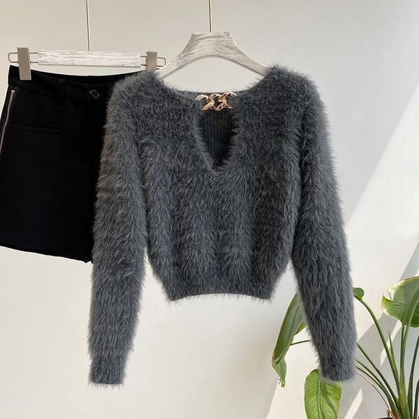 

women's sweaters station autumn / winter 2021 temperament wool chain long sleeve v-neck pullover sweater slim short fashion, White;black