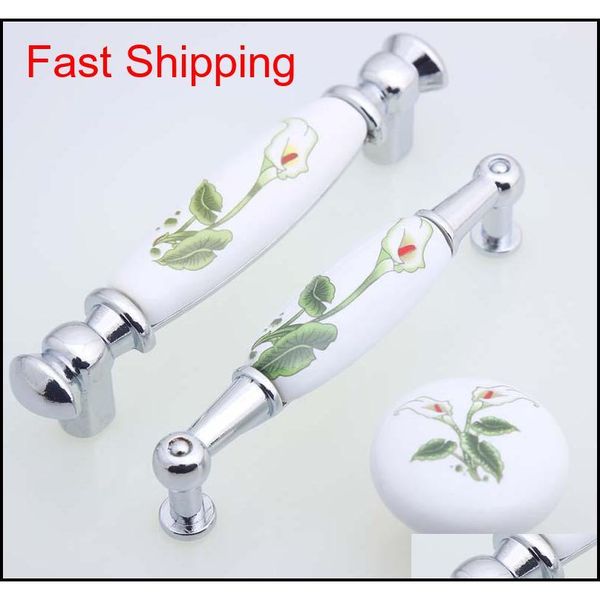 

96mm rural ceramic furniture handles white green porcelain kitchen cabinet drawer pulls knobs silver chrome d qylieq new_dhbest