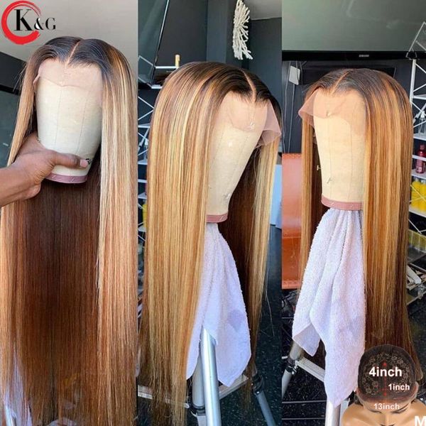 

lace wigs kungang highlight straight t-part front human hair 150% density scalp closure with baby non-remy, Black;brown