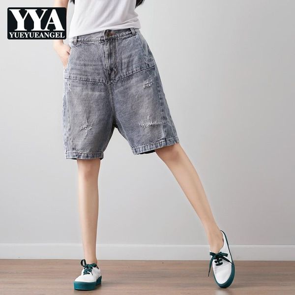 

2021 summer casual shorts jeans for women vintage ripped grey knee length denim pants loose fitness persinalized short feminino, Blue
