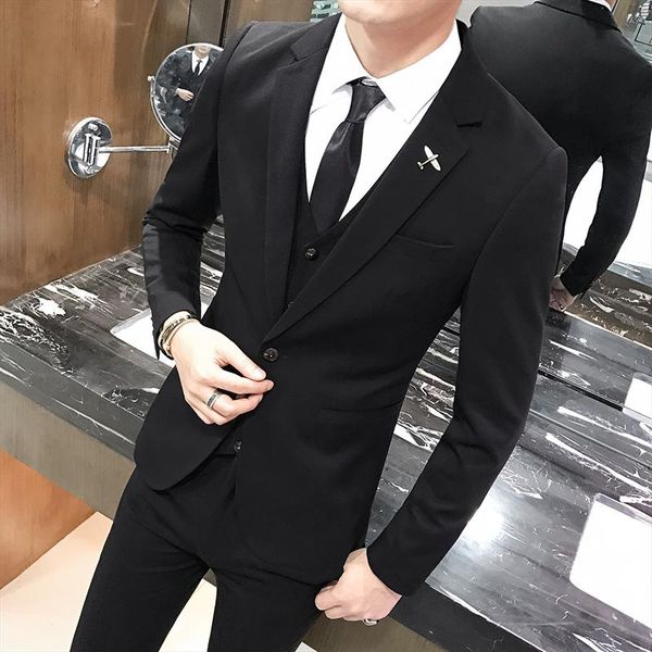 

mens suit 3 piece set pure color 4xl navy blue black gray jackets & pants+ vests business wedding banquet men slim elegant dress, White;black