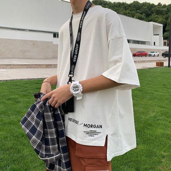 

2020 summer new youth popular irregular stitching alphabet printing five-point sleeve t-shirt fashion casual round neck pullover1, White;black