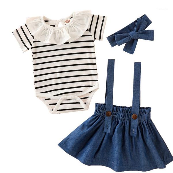 

toddler baby girls 3pcs outfit set, short sleeve striped romper+solid color suspender skirt+headband set1, White