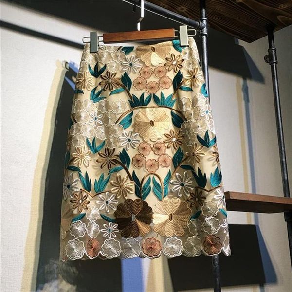 

bodycon skirt women party floral embroidery lace pencil skirt office ladies high waist knee length mesh skirts, Black