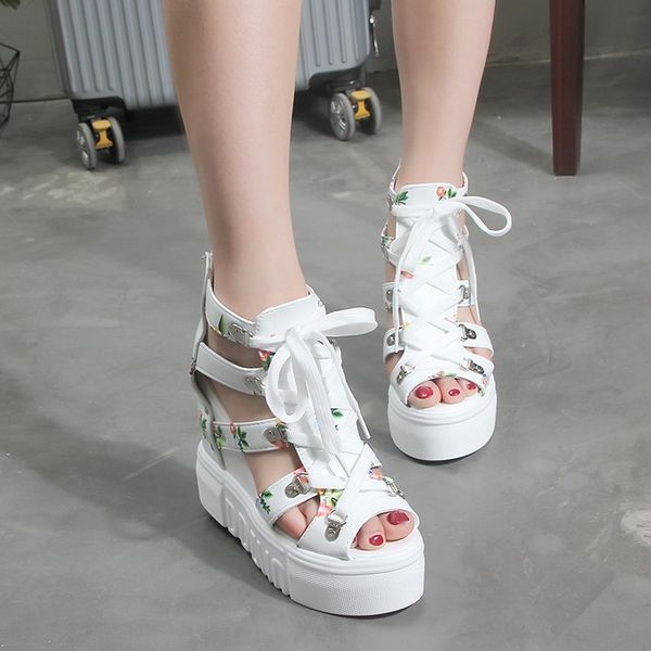 

new 2019 new women's sandals waterproof platform slope with thick-soled sandals female fish mouth increased printing, Black