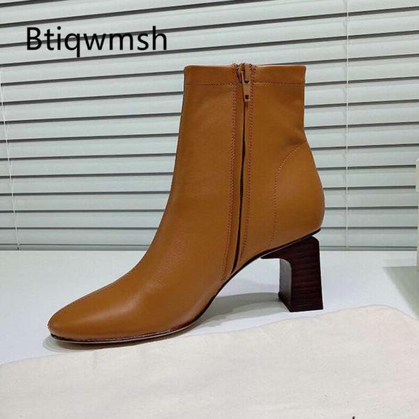 

soft real leather ankle boots women round toe black brown sheepskin strange high heel boots