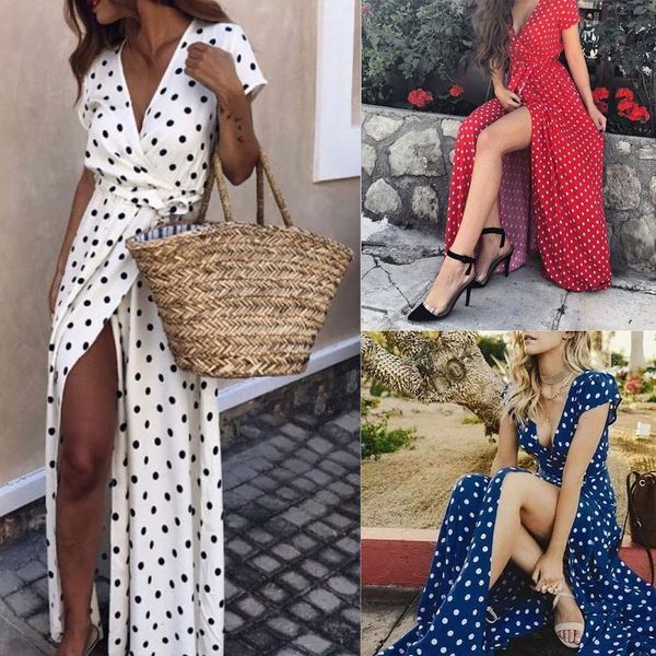 

summer women beach party deep-v polka dot slits short sleeve maxi dress new chic vintage, Black;white