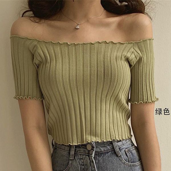 

summer off shoulder female t-shirts new knitted crop short sleeve stretchy slimming all match women tees shirts, White