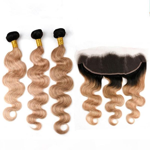 

body wave #1b 27 light brown ombre indian virgin human hair 3bundles with frontal honey blonde ombre 13x4 lace frontal closure with weaves, Black;brown