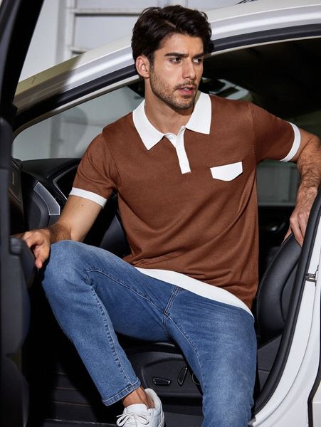 

men contrast panel knit polo shirt 77pl#, White;black