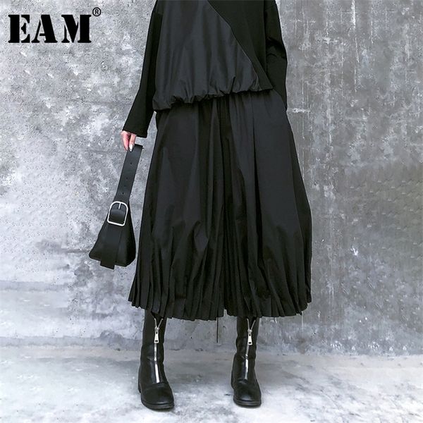 

[eam] high elastic waist black pleated split wide leg trousers new loose fit pants women fashion tide spring autumn lj201029, Black;white