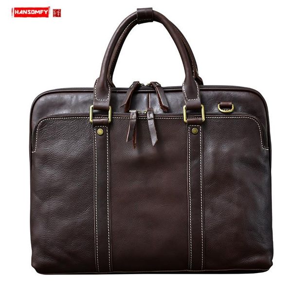 

briefcases retro genuine leather men's handbags 15.6" horizontal soft cowhide lapbag business high-end briefcase male schoolbags 2