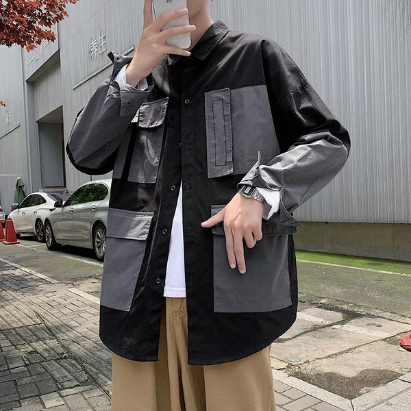 

men's dress shirts autumn mens shirt men long sleeve cargo casual color block male multi-pocket work clothing, White;black