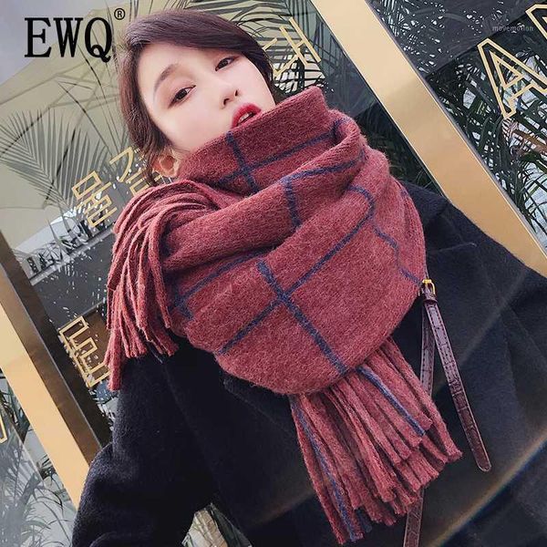 

[ewq] 2020 winter shawl plaid patchwork thick keep warm knitting long plaid korea fashion scarf woman wool spinning 19c-a17-02-01, Blue;gray
