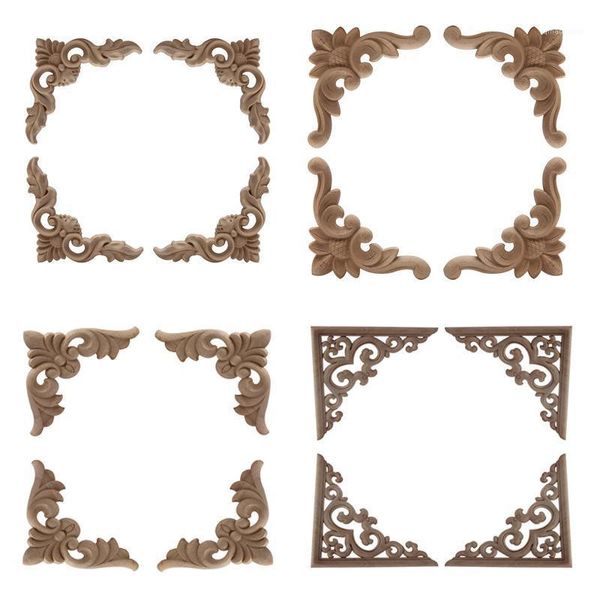 

4pcs woodcarving decorative appliques frame wall door crafts corner furniture unique natural floral wood carved wooden