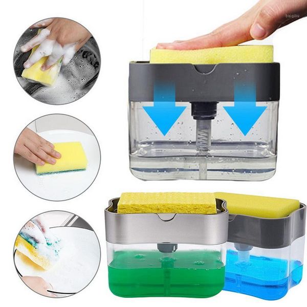 

2-in-1 soap pump dispenser with sponge holder liquid dispenser container manual press soap organizer kitchen cleaner tools1