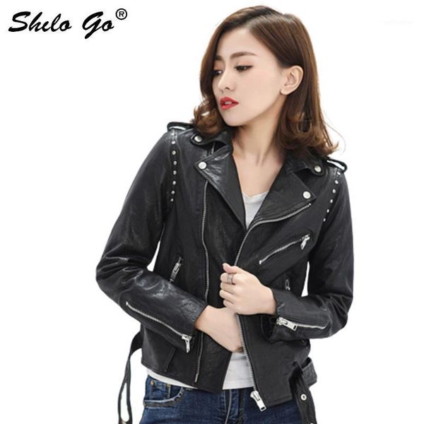 

shilo go leather jacket womens spring fashion sheepskin genuine leather coat lapel collar rivet shoulder locomotive jacket1, Black;brown