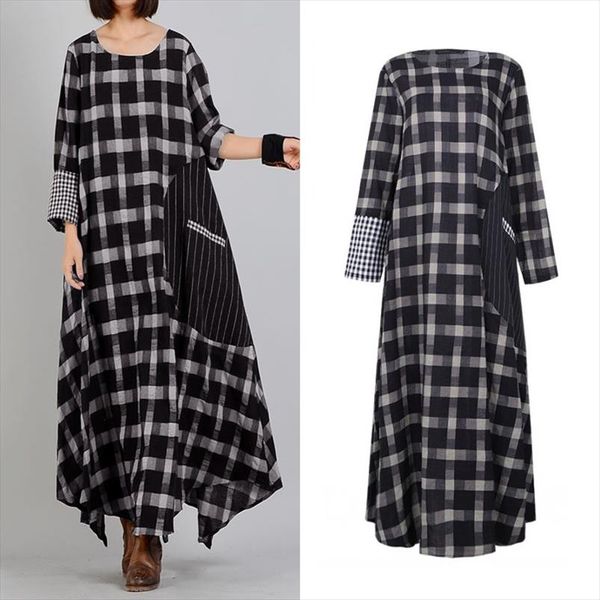 

плюс размер женщины проверяют лоскутное платье винтажные клетки sundress весна с длинным рукавом maxi vestidos женская полосатая рубашка хал, Black;gray