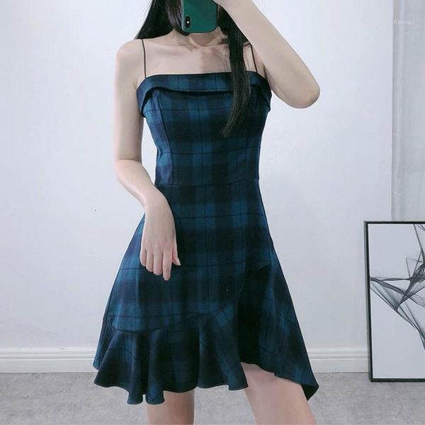 

irregular plaid sling dress strapless sleeveless high waist autumn thick woman dresses1, Black;gray