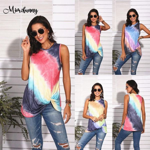 

mimofunny women's t-shirts tie-dye tank summer tshirts harajuku fashion sleeveless casual knotted vest o-neck female tanks, White