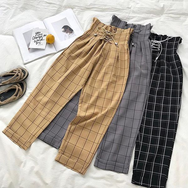 

women's plaid pants lace up with pocket paperbag high waist ankle pants spring summer female trousers, Black;white