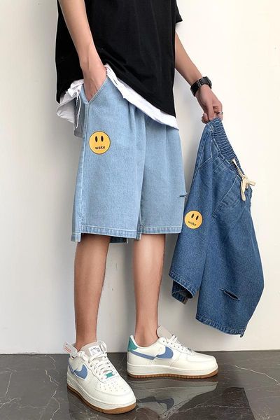 

summer new jean shorts male korean version of the trend of loose casual breeches handsome all-match straight five-cent pants1, Blue