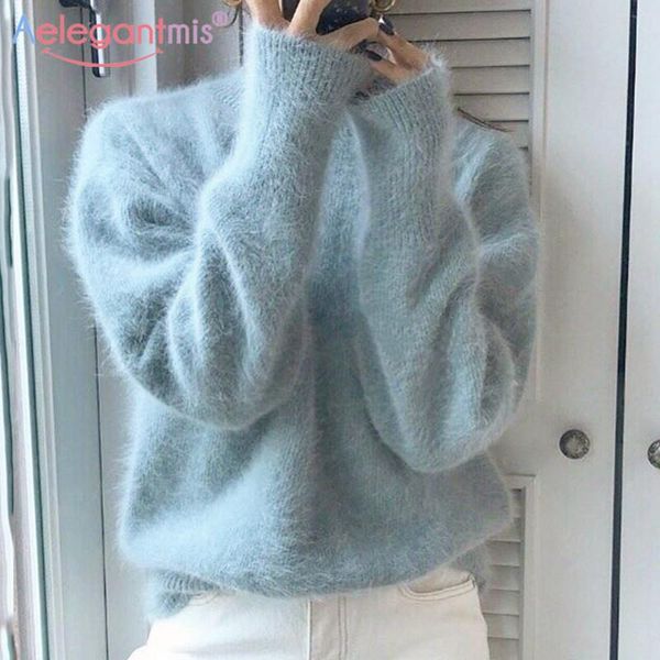 

women's sweaters aelegantmis korean casual loose mohair fur soft sweater women thick warm knitted pullovers female jersey mujer, White;black
