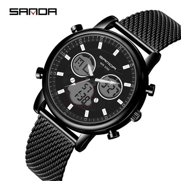 

sanda men sports watches army waterproof clock male gold stainless mesh belt led digital chronograph watch relogio masculino bbylxa, Silver
