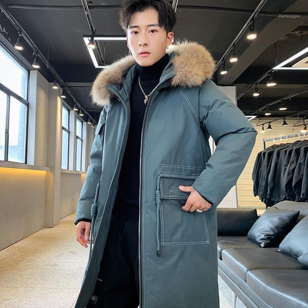 

korean wool collar casual down jacket for lovers middle and long coat thickening warm white duck down coat fashion1, Black